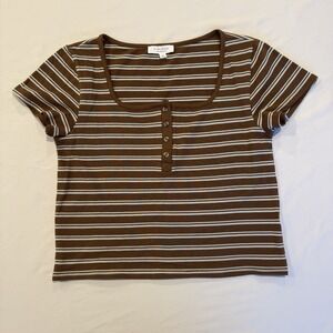 Kirious Los Angeles Womens Large Crop Top Brown Blue Stripe Button Front Shirt